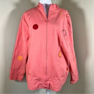 Vintage Coral Pink Zip-Up Stretch Layering Collarless Jacket - Size 1X